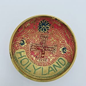 Holy Land Trinket Dish Vintage Brass Enamel Israel Floral Bowl Cross Round Tray